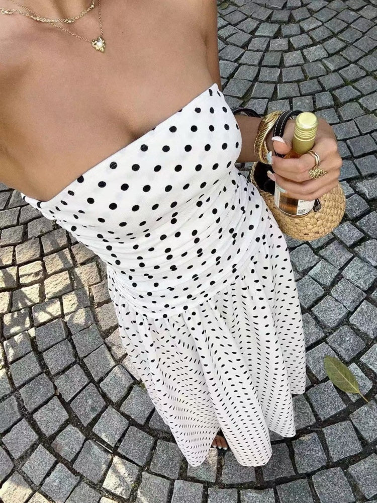 Strapless Ruched Polka Dot Flowy Maxi Dress