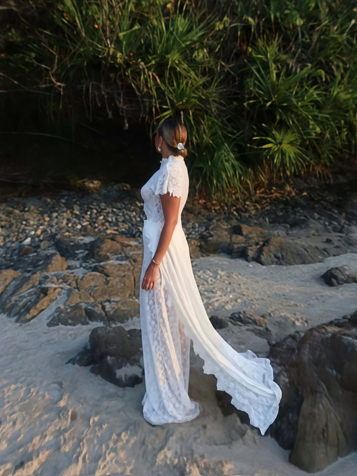 White Lace High Neck Short Sleeve Cutout Maxi Dress