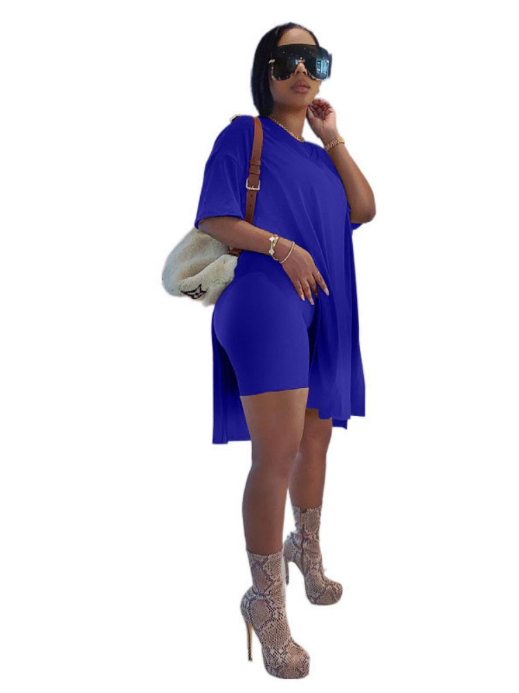 Side-slit long top and shorts two-piece set