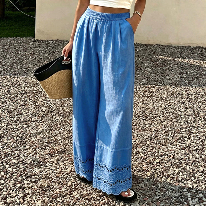 Stylish, loose-fitting, everyday wide-leg pants with lace trim