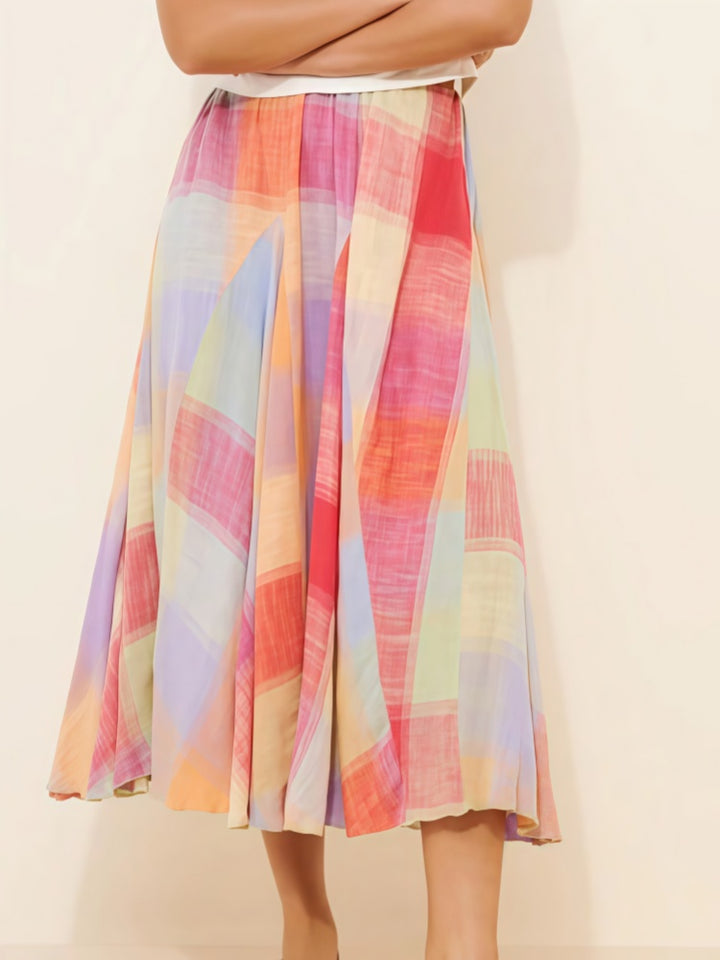 Vibrant Geometric Plaid A-Line Midi Skirt