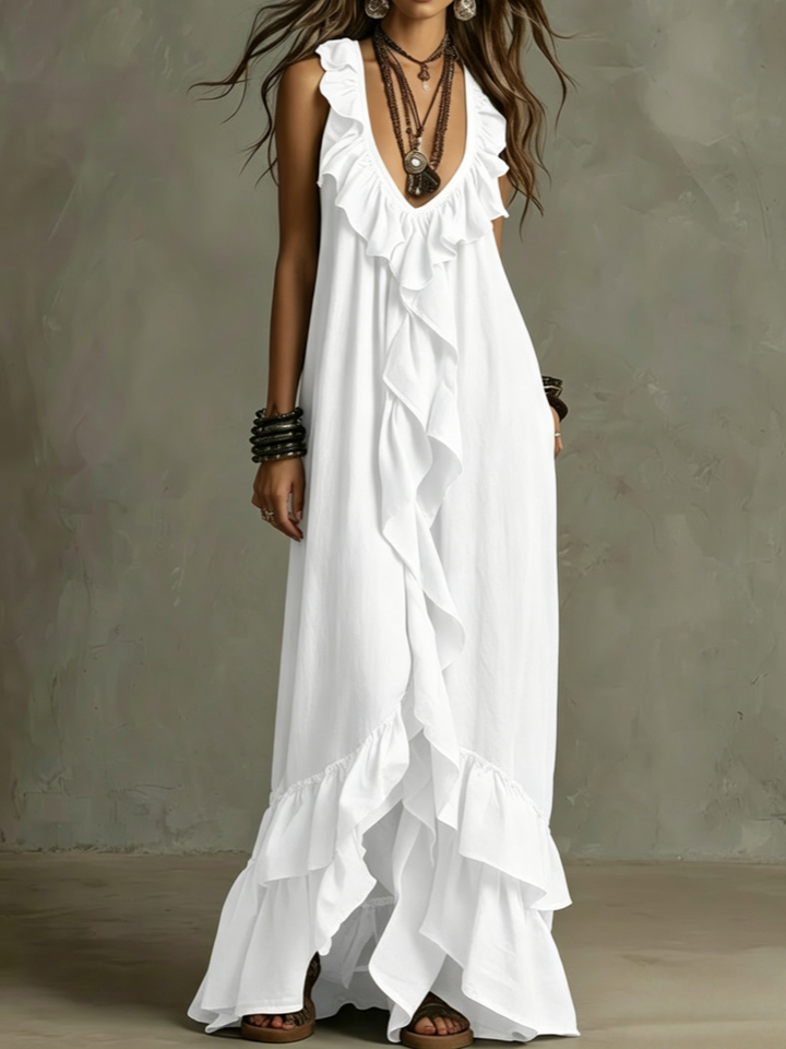 Boho Ruffled V-Neck Maxi Dress