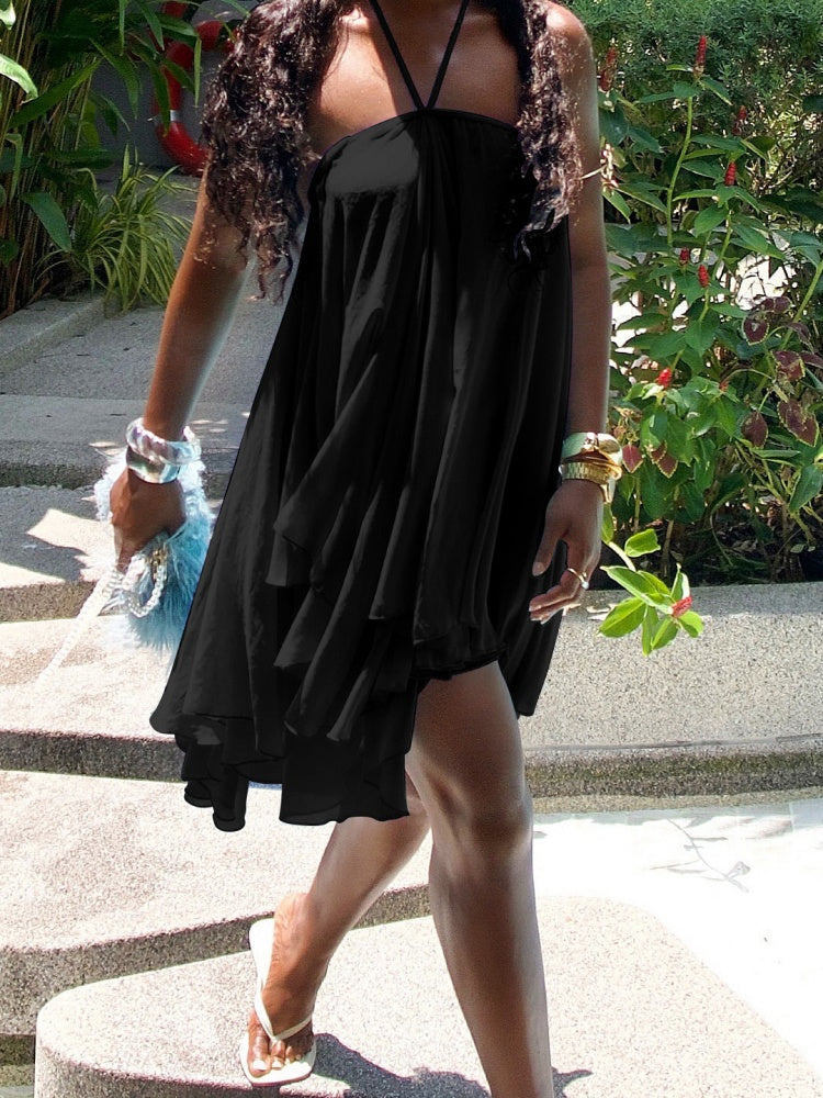 Halter Neck Ruffled Asymmetrical Mini Dress