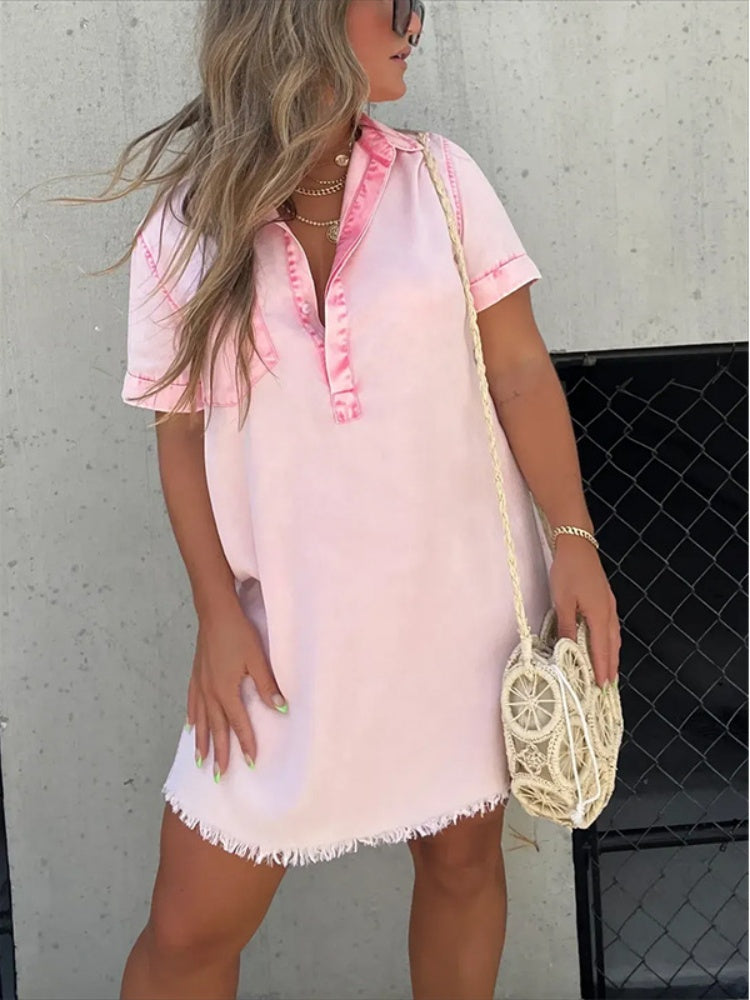 Women’s Collar Denim Skirt Tassel Hem Dress