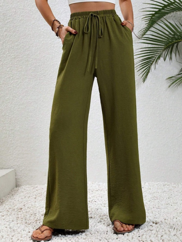 Elastic Waist Drawstring Wide Leg Pants