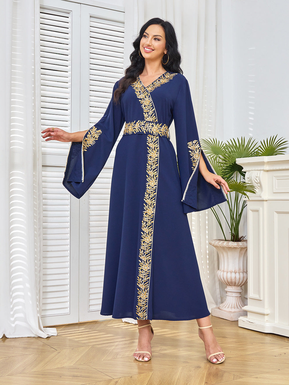 Gold Embroidered Wrap-Front Abaya Maxi Dress