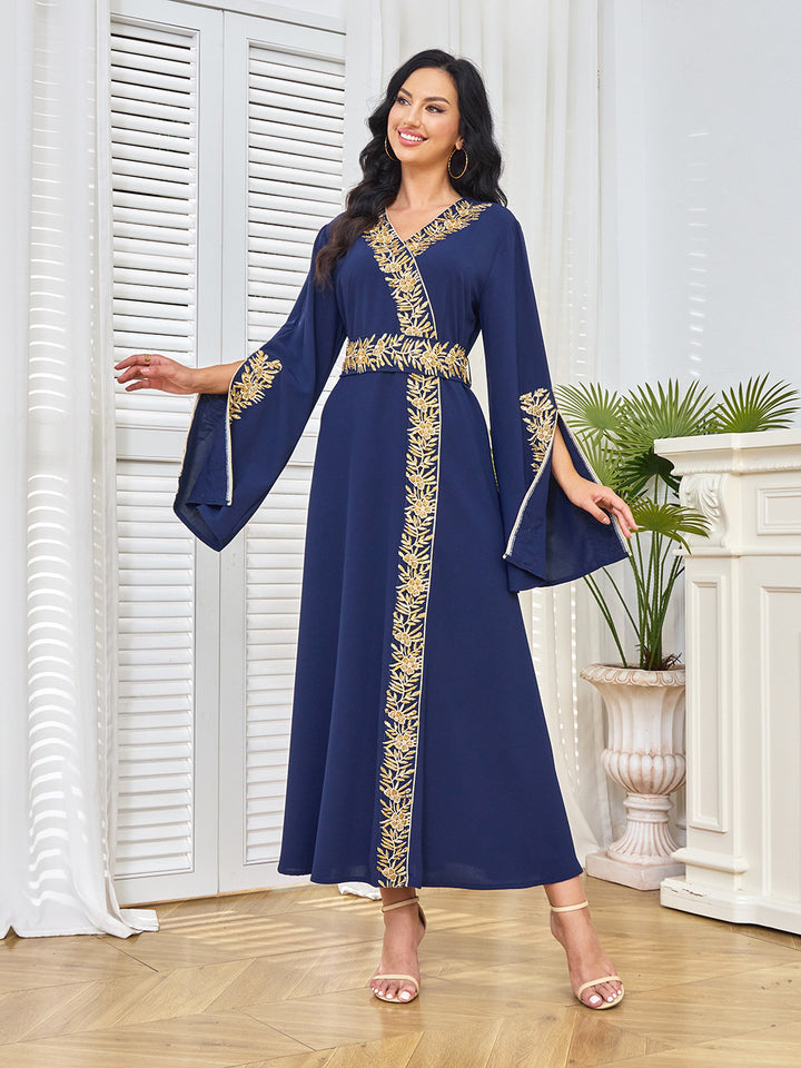 Gold Embroidered Wrap-Front Abaya Maxi Dress
