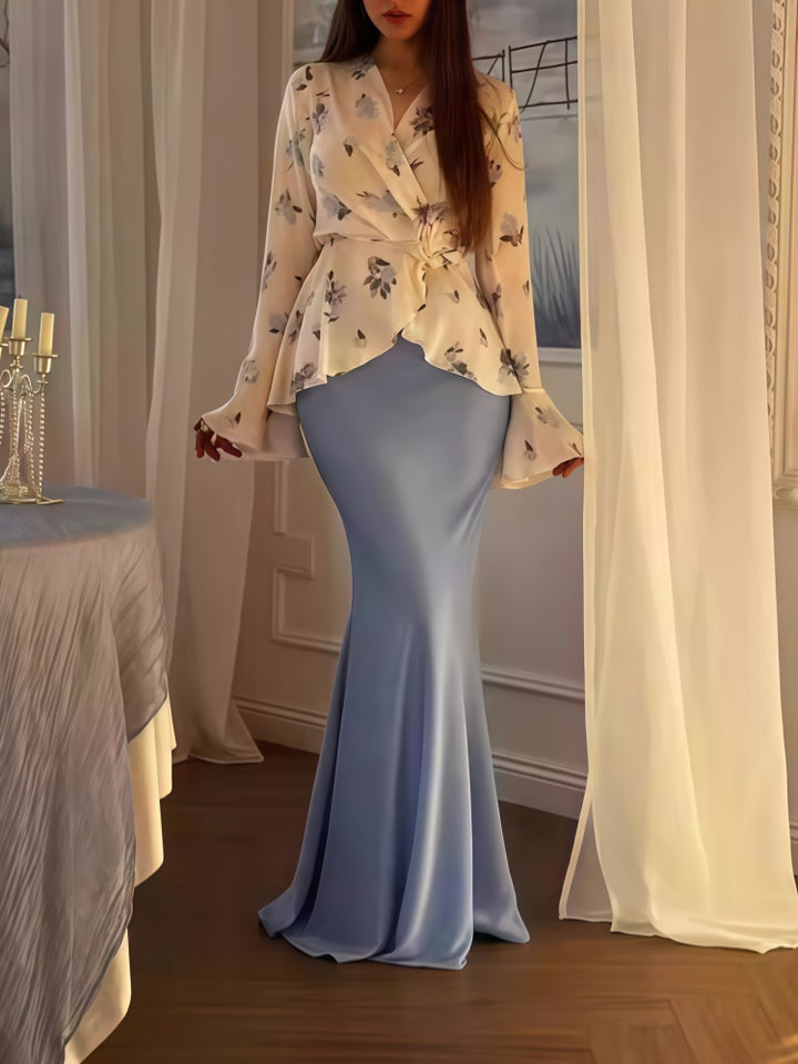Floral Wrap Top &amp; Mermaid Skirt Two-Piece Set