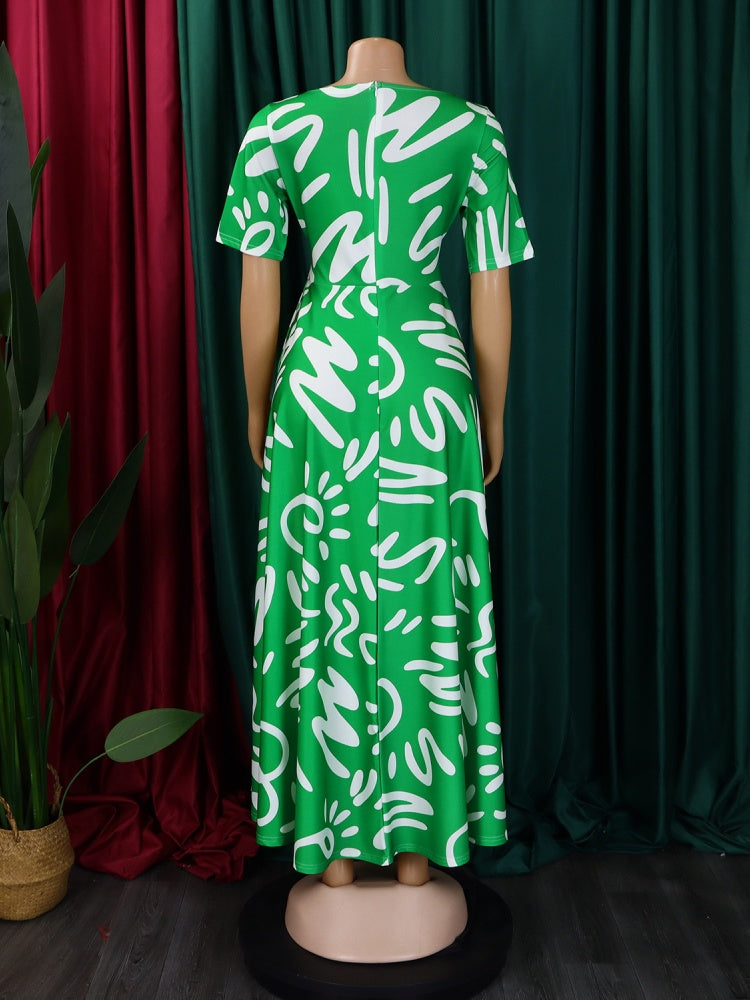 Graffiti Print Belted A-Line Maxi Dress