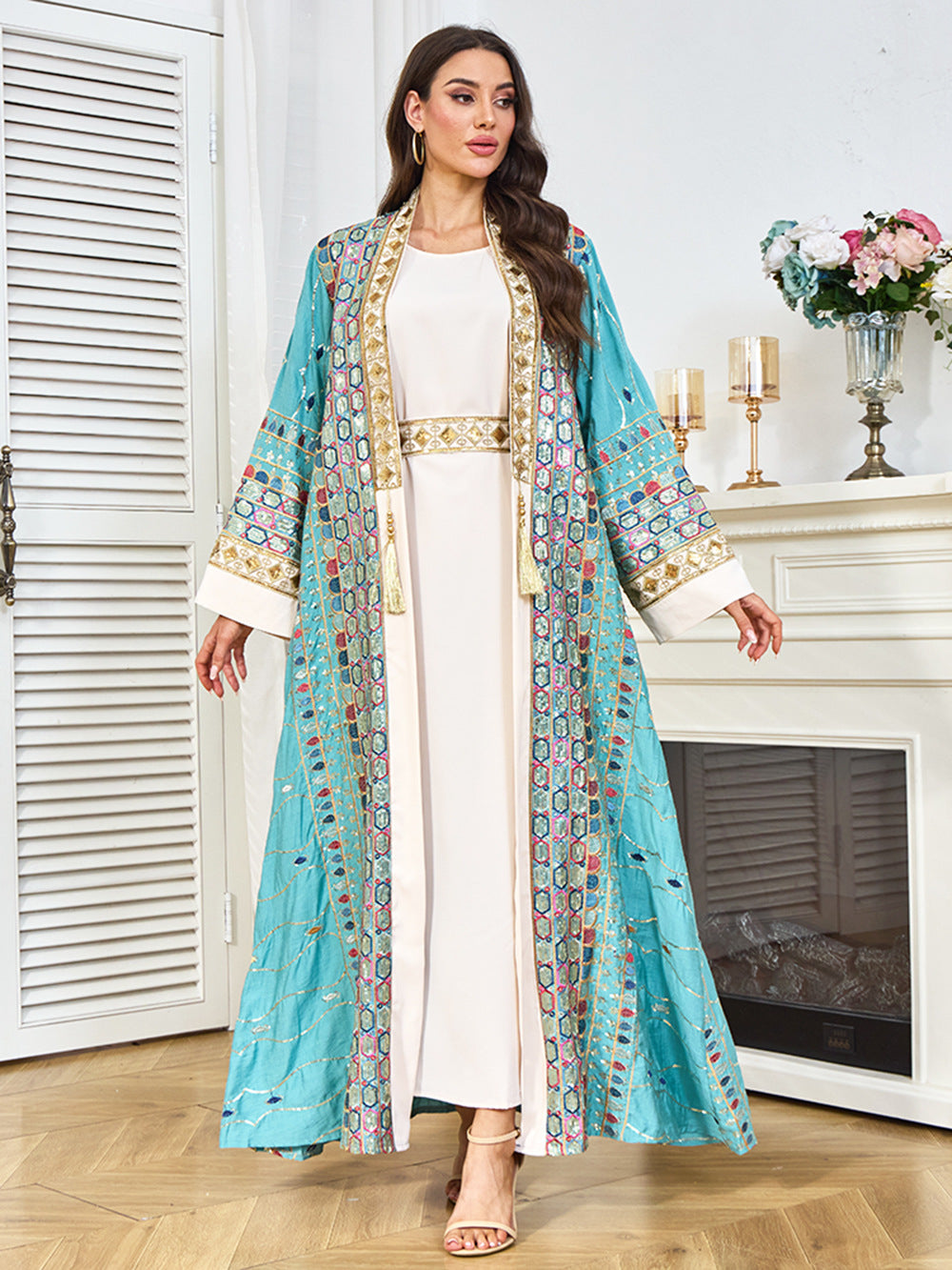 Embroidered Open-Front Abaya Kimono Set