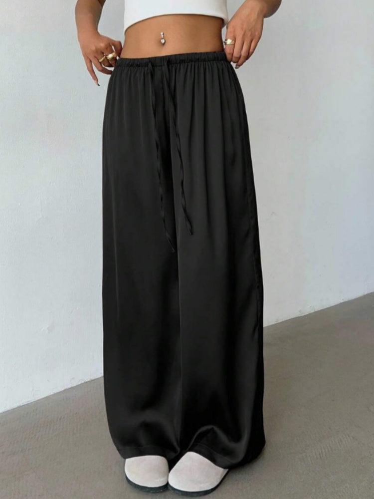 Satin High-Waisted Wide Leg Pants - Elastic Drawstring Flowy Trousers