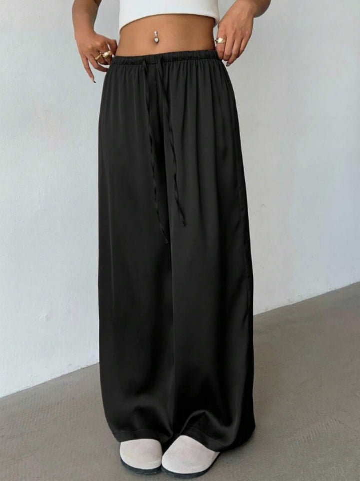 Satin High-Waisted Wide Leg Pants - Elastic Drawstring Flowy Trousers