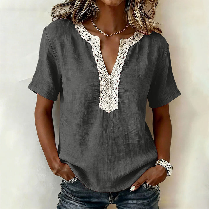 100% Cotton Casual Loose Lace Collar Short-Sleeved Top
