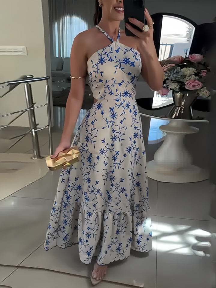Blue Floral Halter Cutout Ruffle Maxi Dress