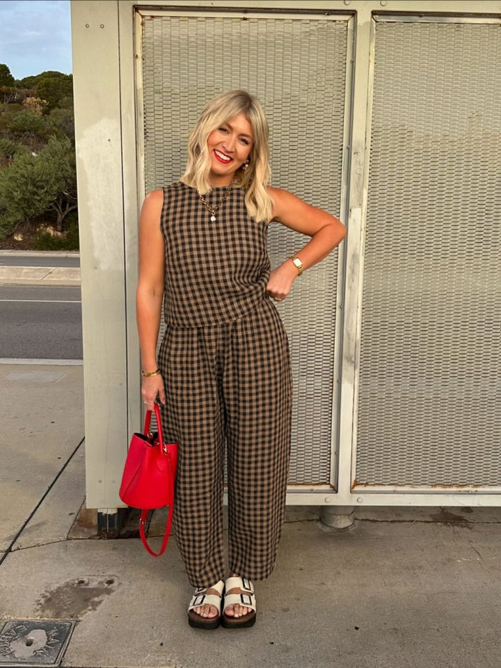 Gingham 2-Piece Sleeveless Top &amp; Wide Leg Pants Set
