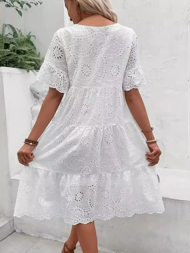 Eyelet Embroidery Flare Sleeve Tiered Midi Dress