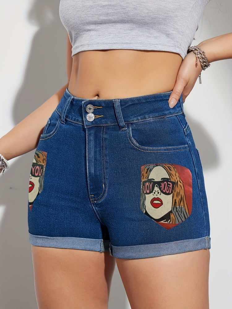 High Waist Pop Art Graphic Print Cuffed Denim Shorts