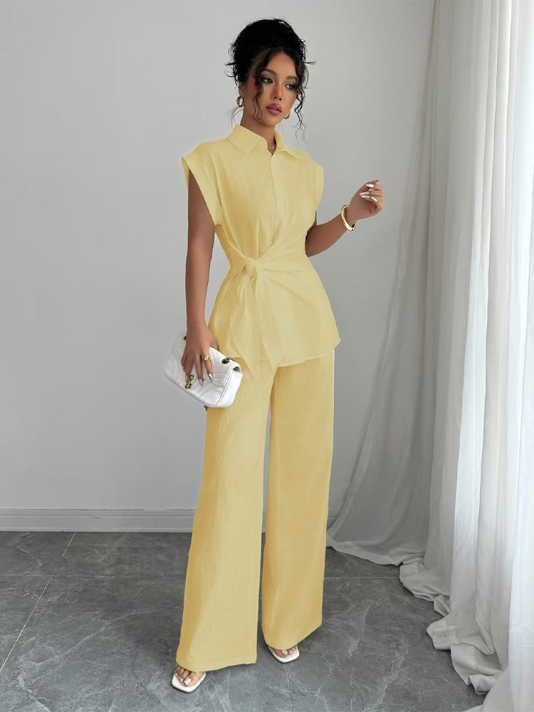 Tie-Waist Sleeveless Shirt &amp; Wide Leg Pants Set