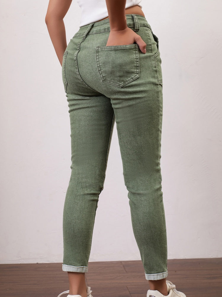 High Waist Army Green Seamed Skinny Cropped Jeans