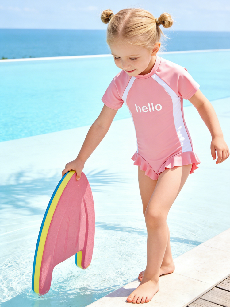 Girls Rash Guard Swimsuit with Hat – Cute Ruffle One-Piece Swimwear