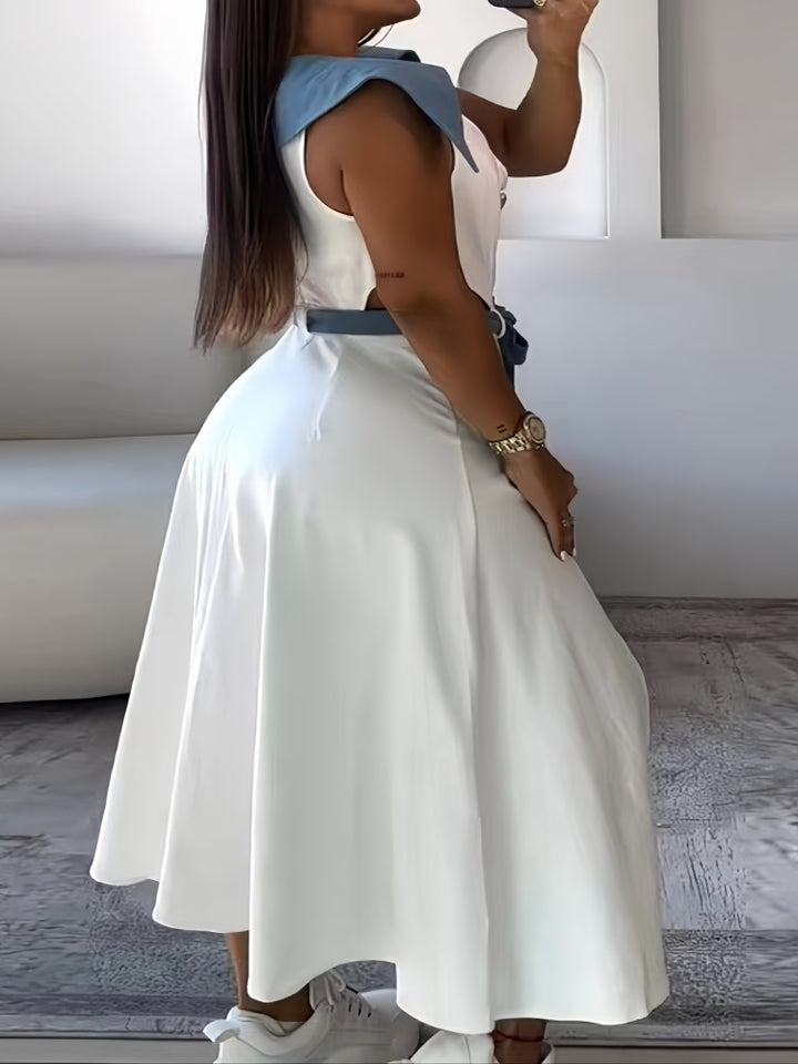 White Blue Contrast V-Neck Cutout Shirt Dress