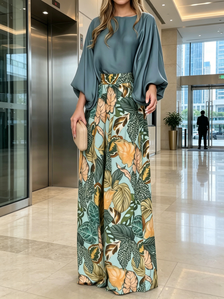 Solid Blouse &amp; Tropical Print Wide Leg Pants Two-Piece Set