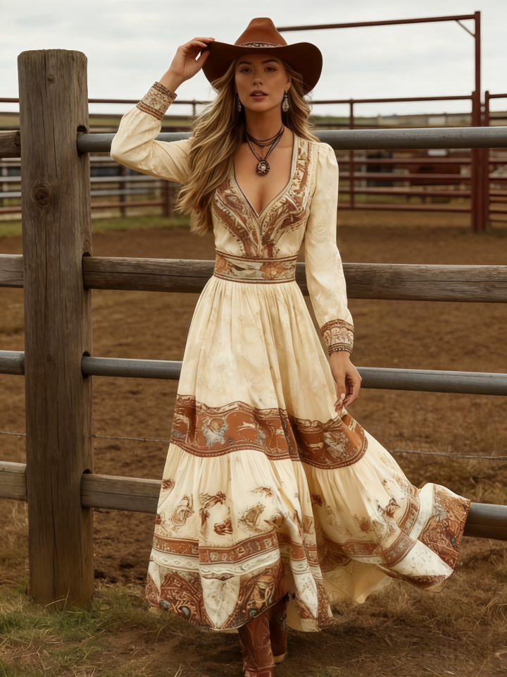 Boho Western Long Sleeve V-Neck Tiered Maxi Dress
