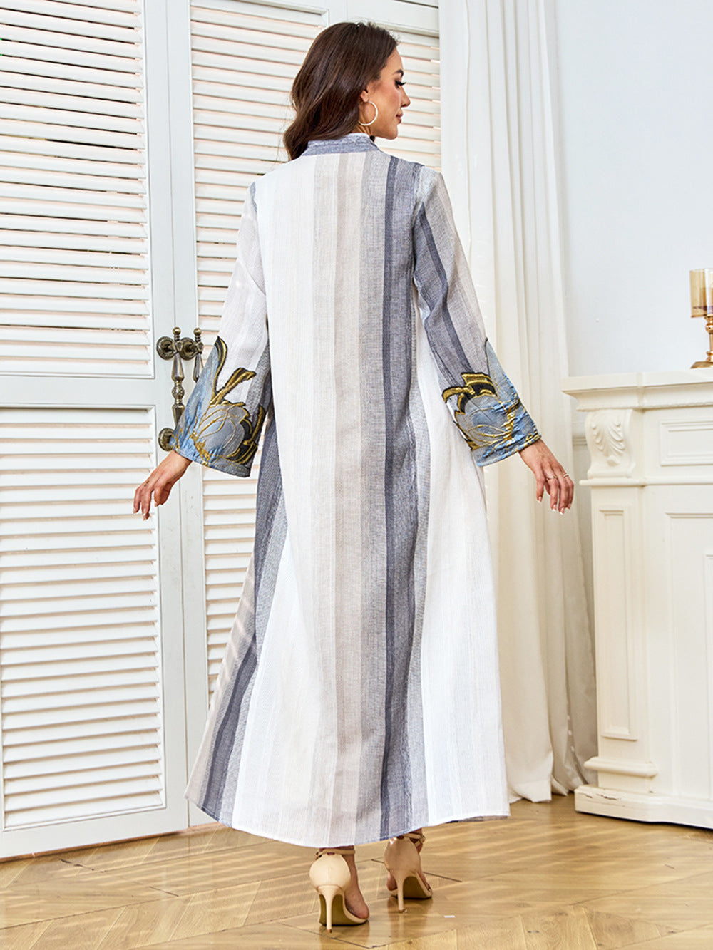 Oversized Floral Applique Striped Abaya Maxi Dress