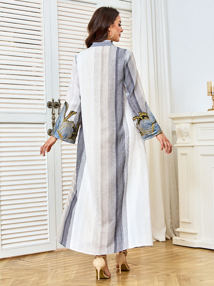 Oversized Floral Applique Striped Abaya Maxi Dress