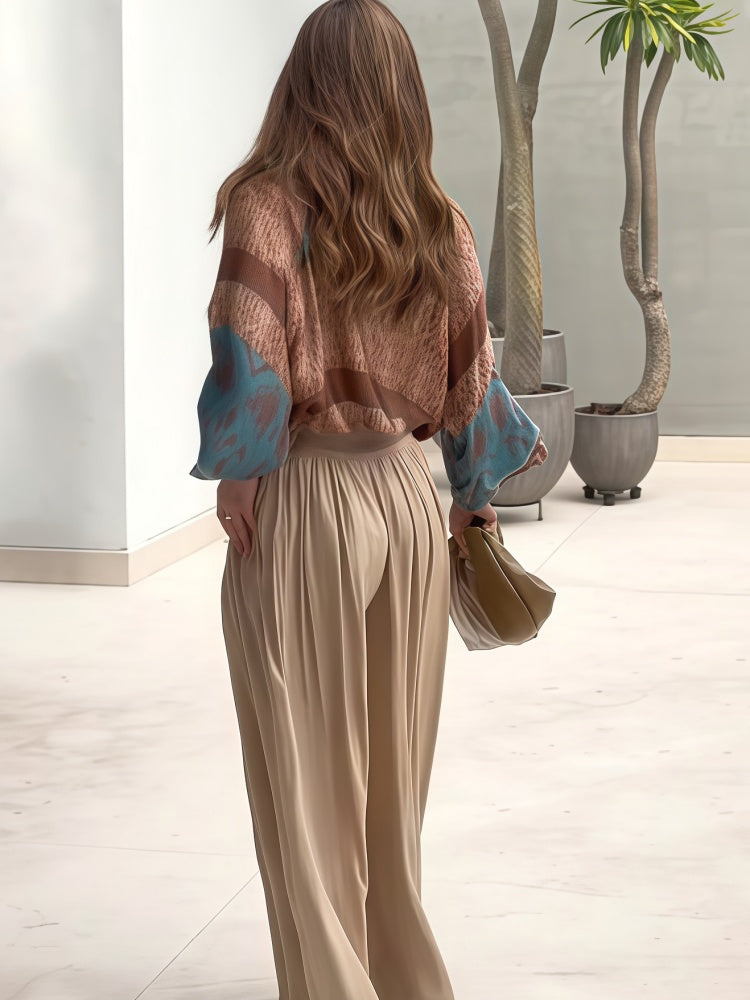 Abstract Print Blouse &amp; Pleated Wide Leg Pants Set