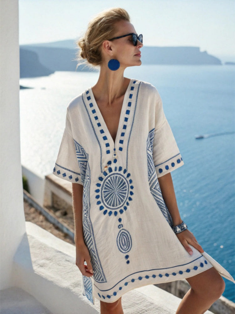 Embroidered V-Neck Beach Cover-Up Dress