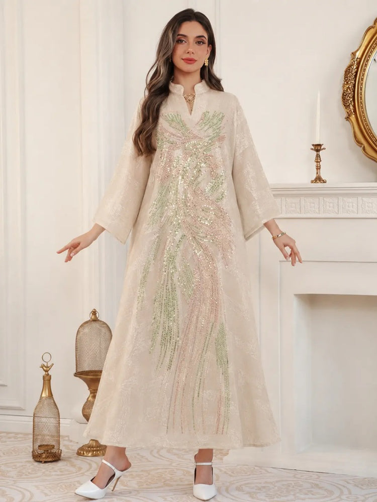 Sequin Embroidered Long Sleeve Abaya Dress