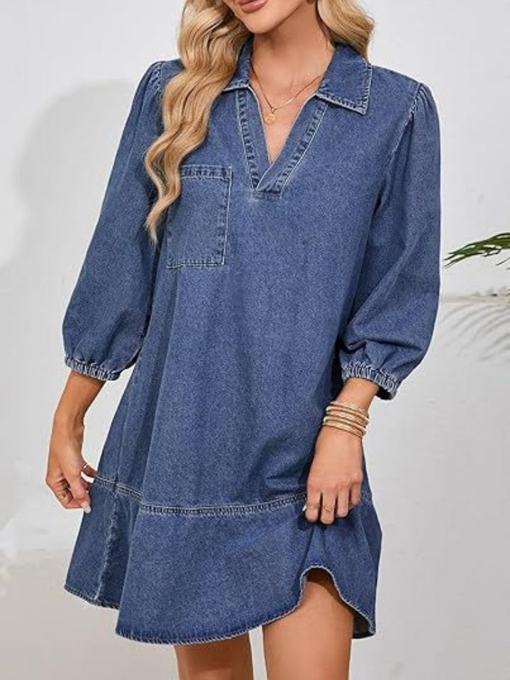 Collared V Neck Puff Sleeve Tiered Denim Midi Dress