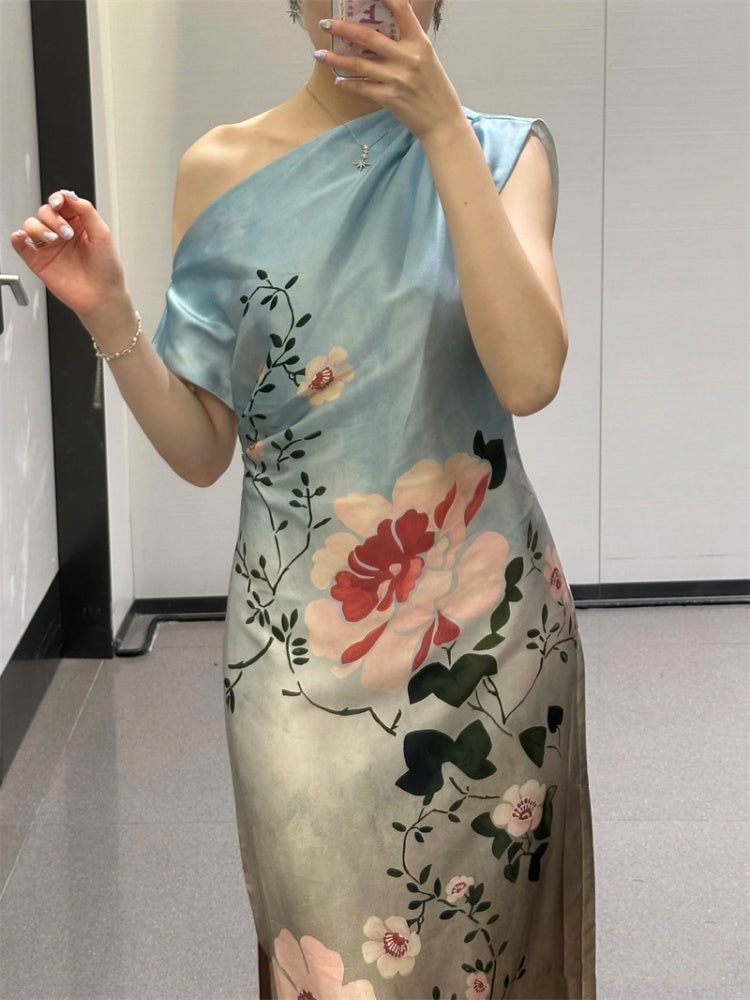 One Shoulder Floral Gradient Satin Midi Dress