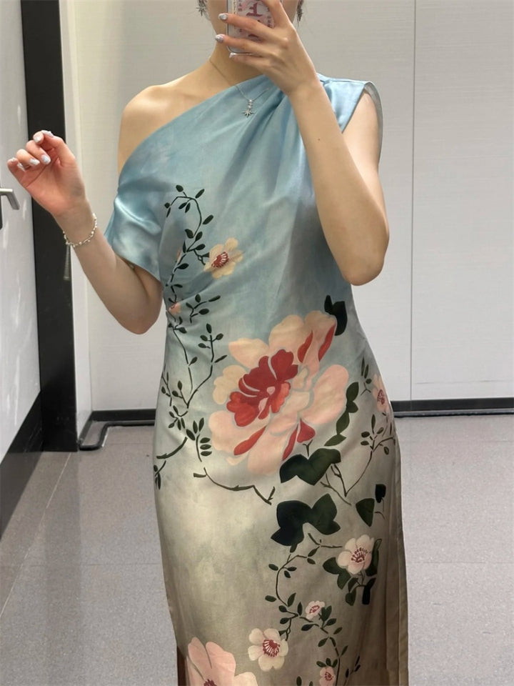 One Shoulder Floral Gradient Satin Midi Dress
