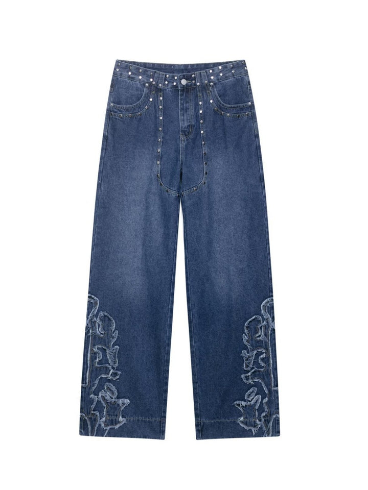 Rivet &amp; Patchwork High Waisted Wide Leg Jeans