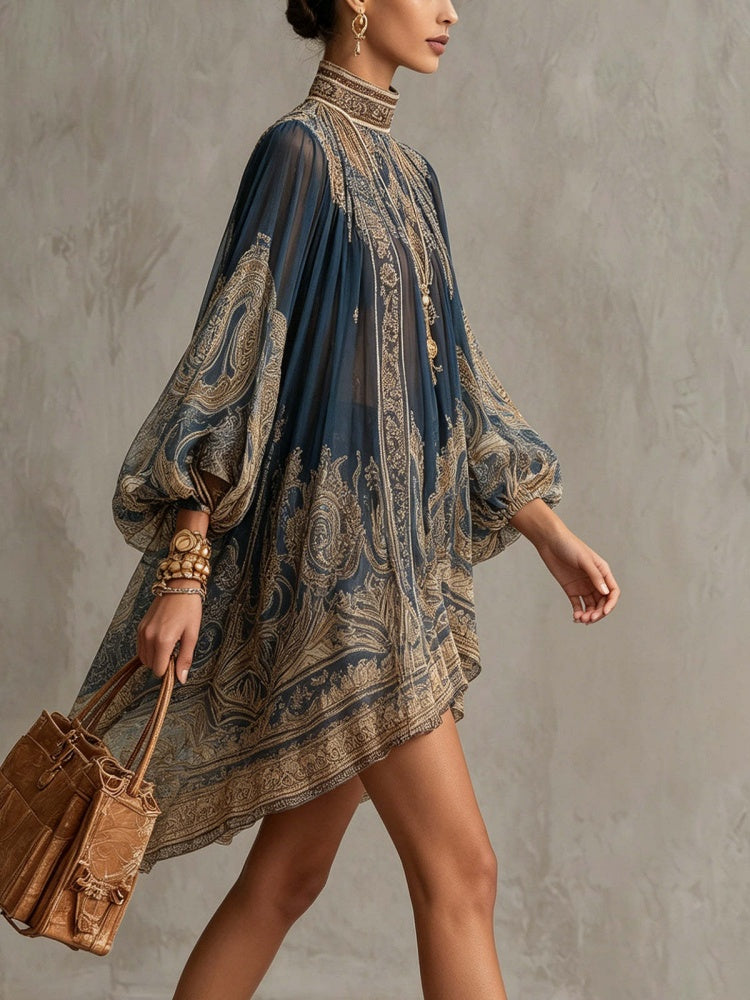 Boho Printed Chiffon High Low Mini Dress