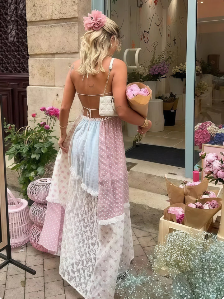 Patchwork Lace Halter Maxi Dress