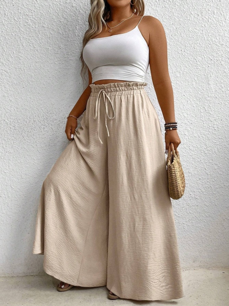 Solid color, loose fit, draped, drawstring wide-leg casual pants