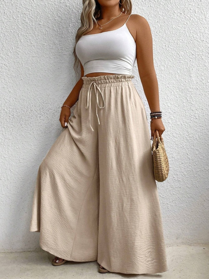 Solid color, loose fit, draped, drawstring wide-leg casual pants