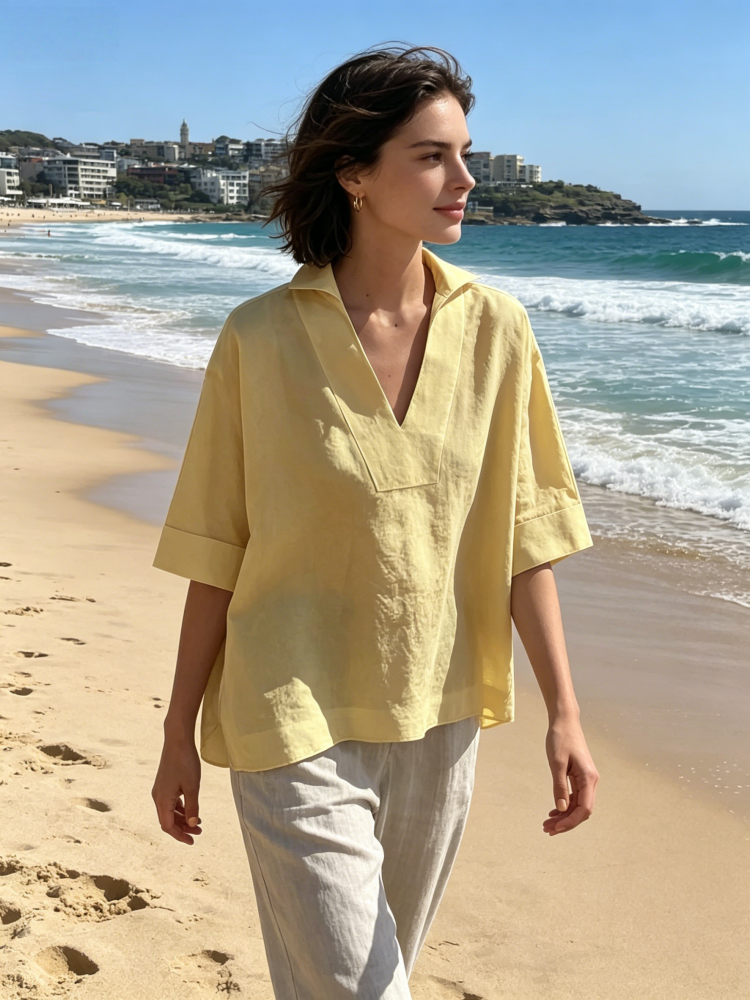 Oversized Linen Blend Collared V-Neck Blouse
