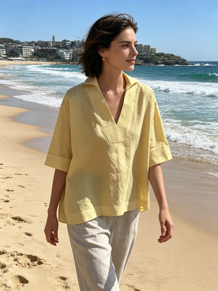 Oversized Linen Blend Collared V-Neck Blouse