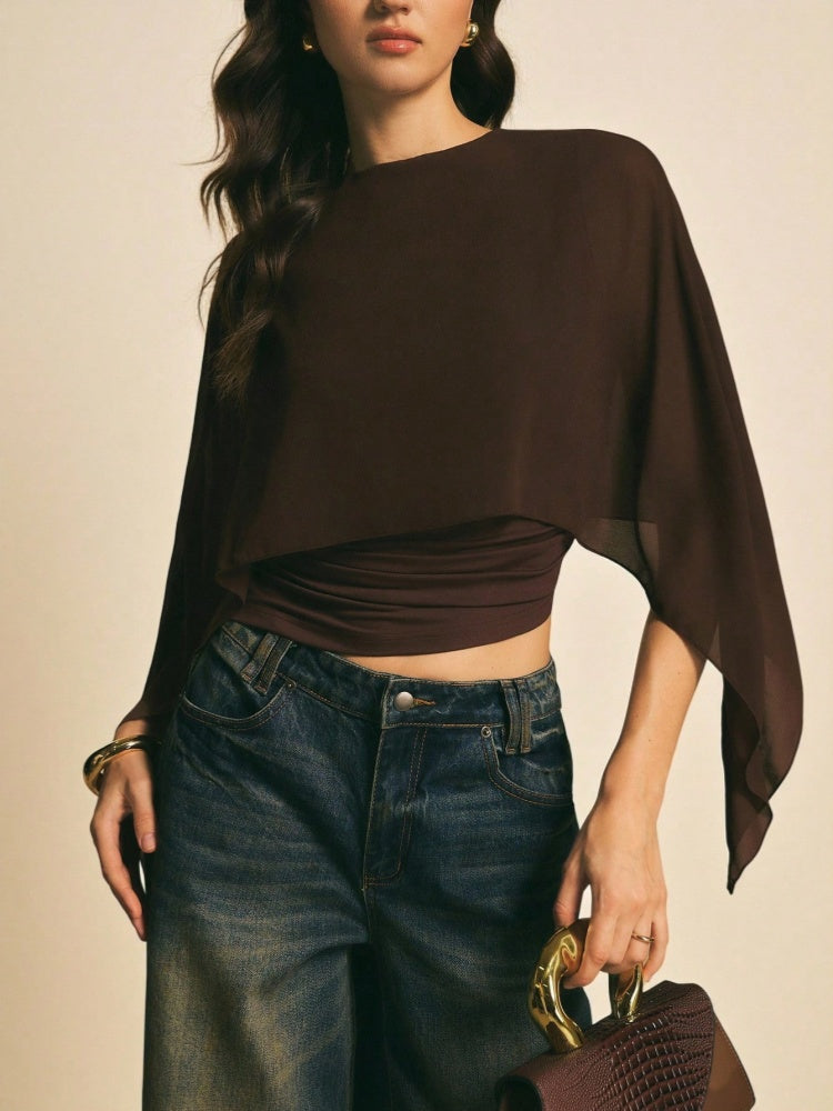 Brown Layered Chiffon Cape Top