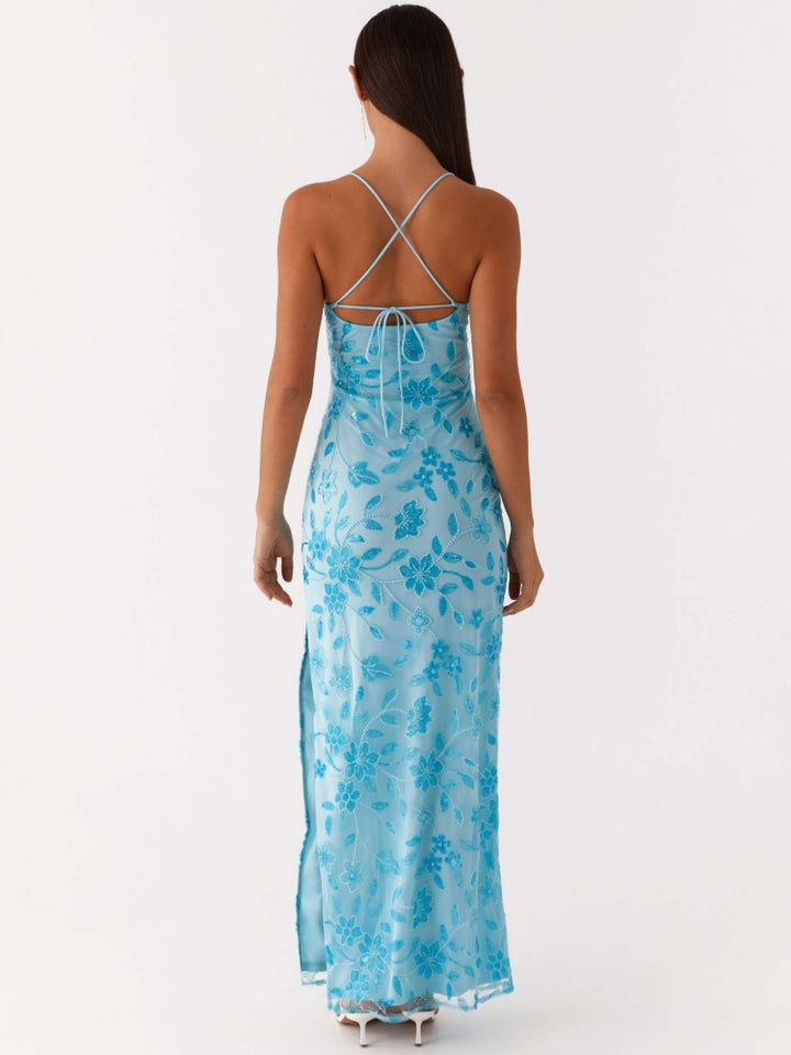Floral Embroidered Mesh Maxi Dress - Spaghetti Strap Bodycon Evening Gown