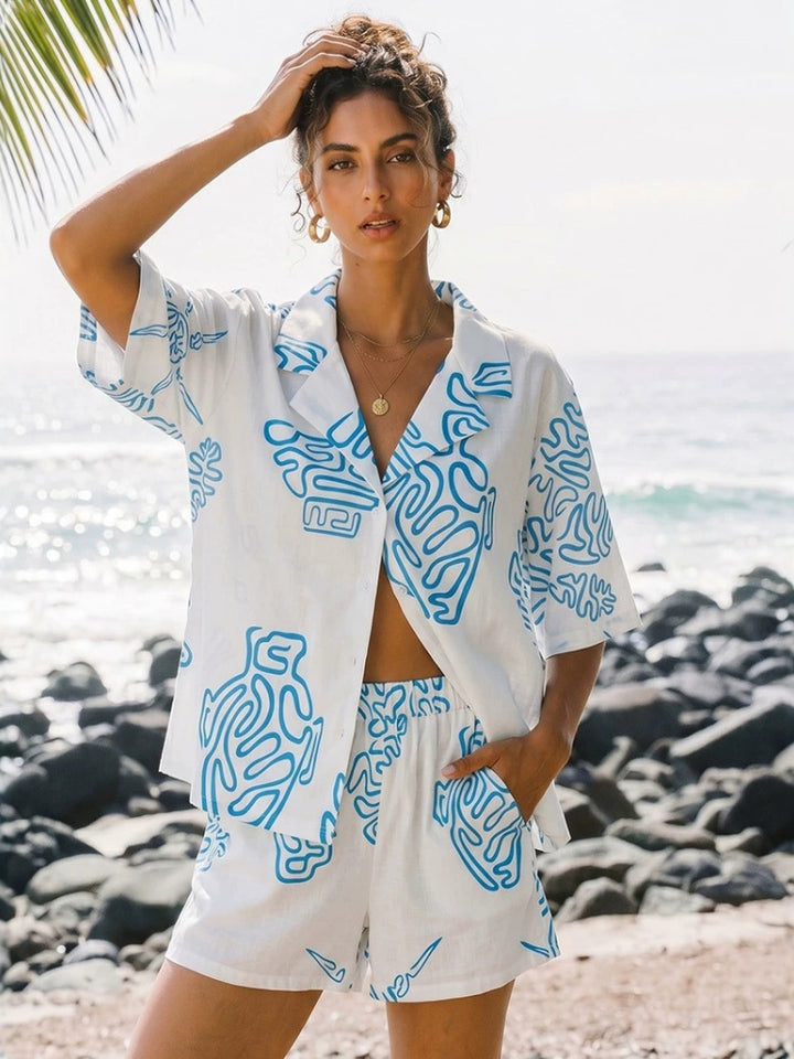 Print Button-Down Shirt &amp; Shorts Set