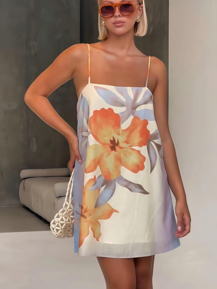 Tropical Floral Print Slip Dress - Spaghetti Strap A-Line Mini Sundress