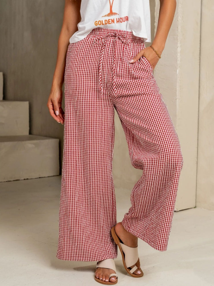 Gingham Drawstring Wide Leg Pants