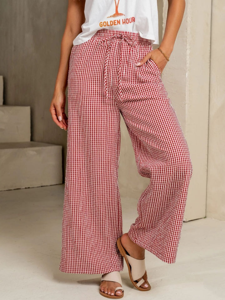 Gingham Drawstring Wide Leg Pants