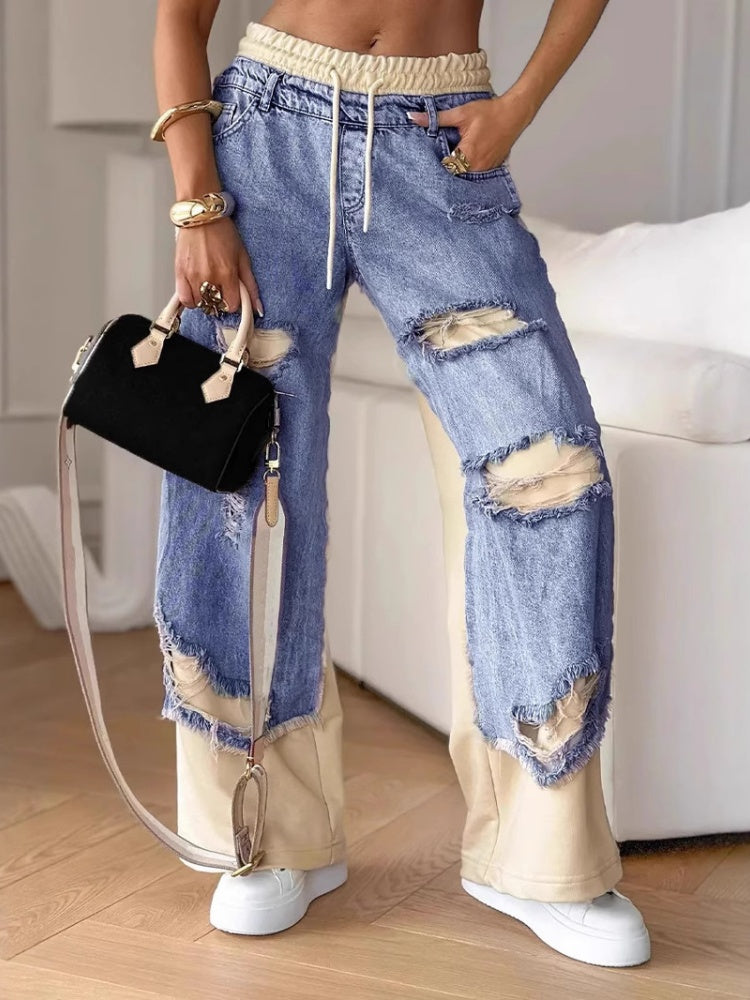 Ripped Contrast Panel Wide Leg Jeans