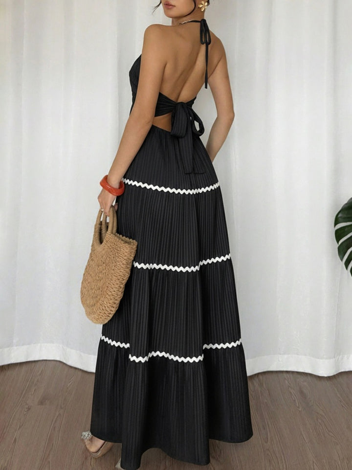 Black Halter Maxi Dress with White Zigzag Trim
